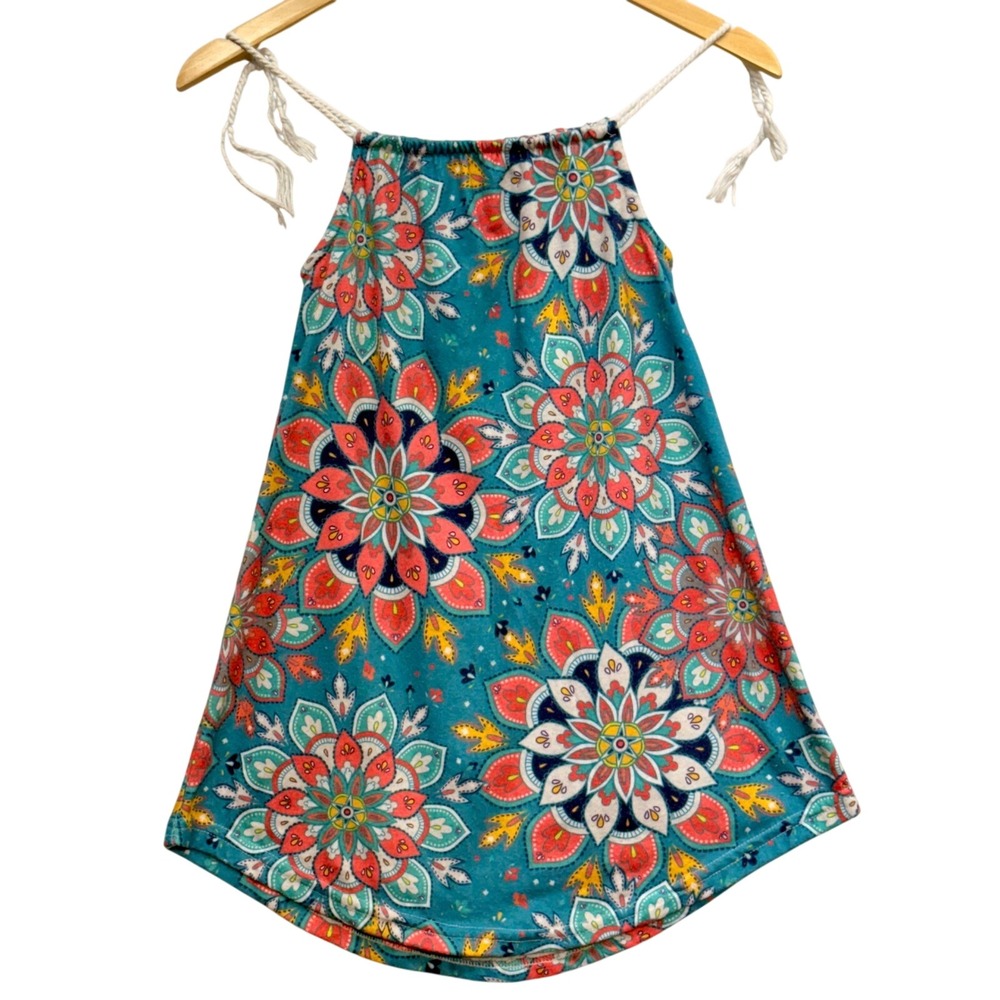 Sunshine Swing Girls‎ Teal Mandala Floral Halter Dress Size 8 Rope Tie Straps